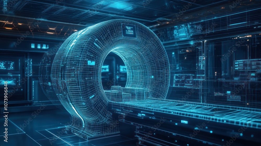 Poster a futuristic holographic machine in a high-tech laboratory setting.