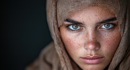 Piercing gaze of a young woman with freckles