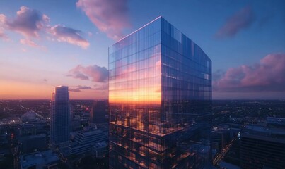 Modern skyscraper reflecting the sunset over an urban cityscape.