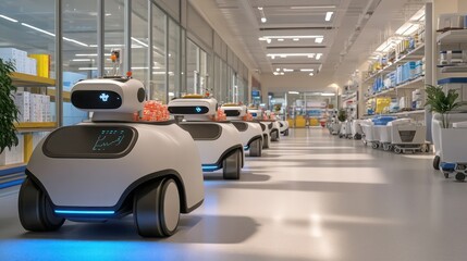 Fototapeta premium A hospital logistics system powered by autonomous robots, delivering supplies to different departments with precision and efficiency.