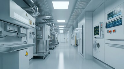 A hospital mechanical room with advanced ventilation systems, clean white walls and organized controls ensuring smooth operation.