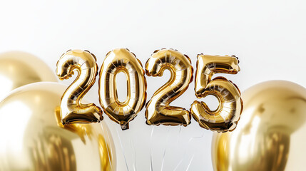 Happy New Year 2025 celebration, metallic Golden Yellow foil color balloons. Extend warm wishes for a Happy New Year and Merry Christmas  isolated on a white background.