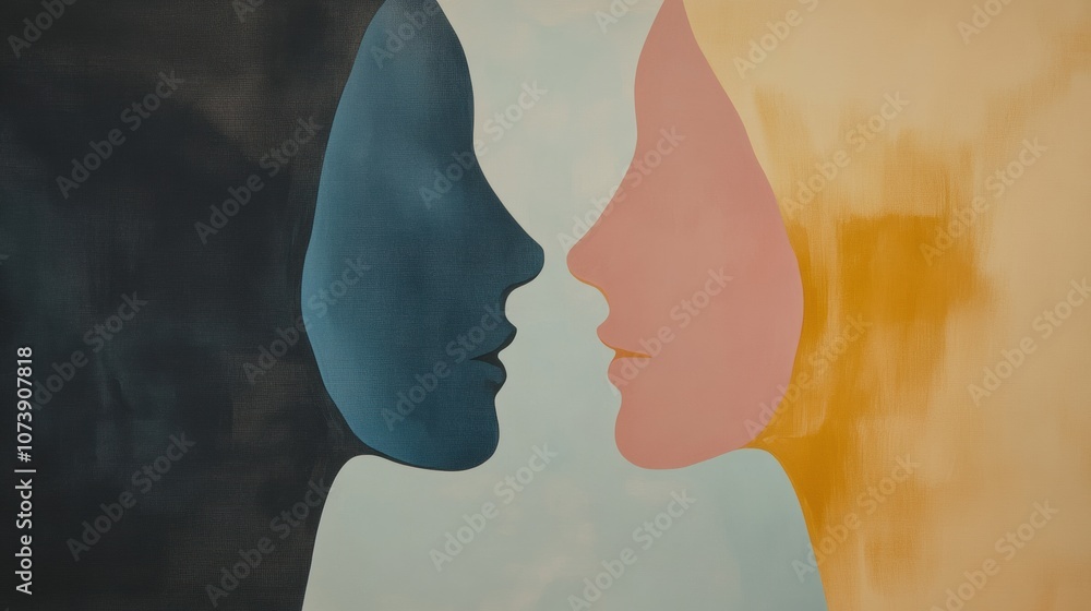 Fototapete two abstract silhouettes in pastel shades represent the connection and understanding between individ