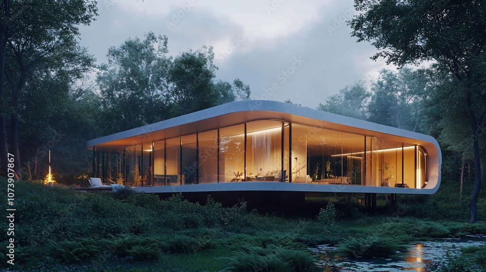Poster modern, curved house with large windows in a forest setting at dusk.