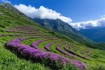 Vibrant mountain landscape with terraced flower fields
