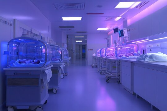 A hospital neonatal care unit with clean incubators and soft lighting, creating a calm environment for newborns.
