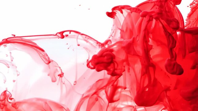 The image is a red splash of paint on a white background. The red paint appears to be splattered and dripping, creating a sense of movement and energy. Scene is dynamic and expressive