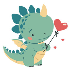 Cute vector illustration in children's style on white background for Valentine's Day. Cute dinosaur holding a heart-shaped balloon. Vector illustration