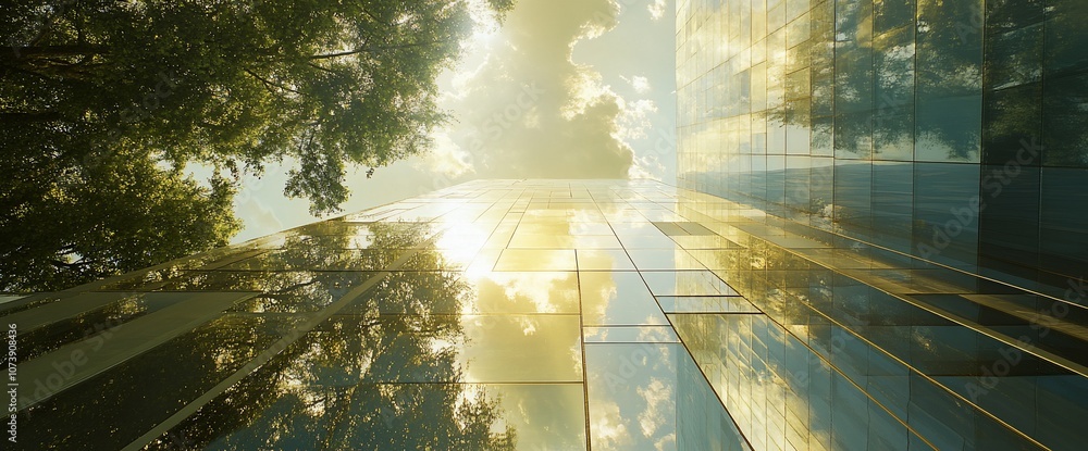 Poster sunlight reflecting on glass facade of a skyscraper, with trees in the foreground.