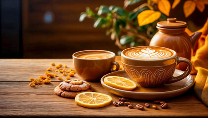 Artistic Coffee Presentation with Citrus and Cookies on a Wooden Table