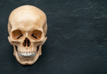 Fototapeta premium Realistic human skull on dark background