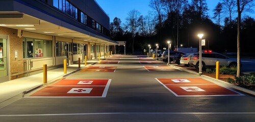 A hospital parking area with clearly marked emergency spots, well-lit and neatly organized for patient safety.