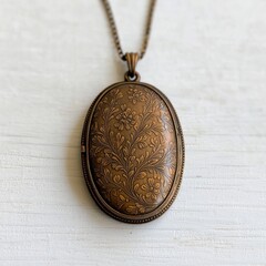 Vintage floral engraved locket pendant on wooden background