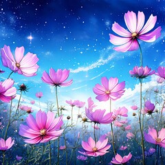 Beautiful close up of pink cosmos flowers set against deep blue sky. Suitable for floral patterns, spring promotions, home decor, print. Highlights delicate petals, vibrant colors of garden blooms.