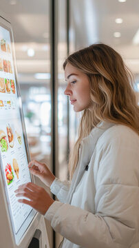 Customer using touchscreen kiosk ordering fast food in modern restaurant