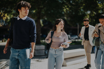 A diverse group of college students walking with a professor on campus, enjoying a sunny day. They...