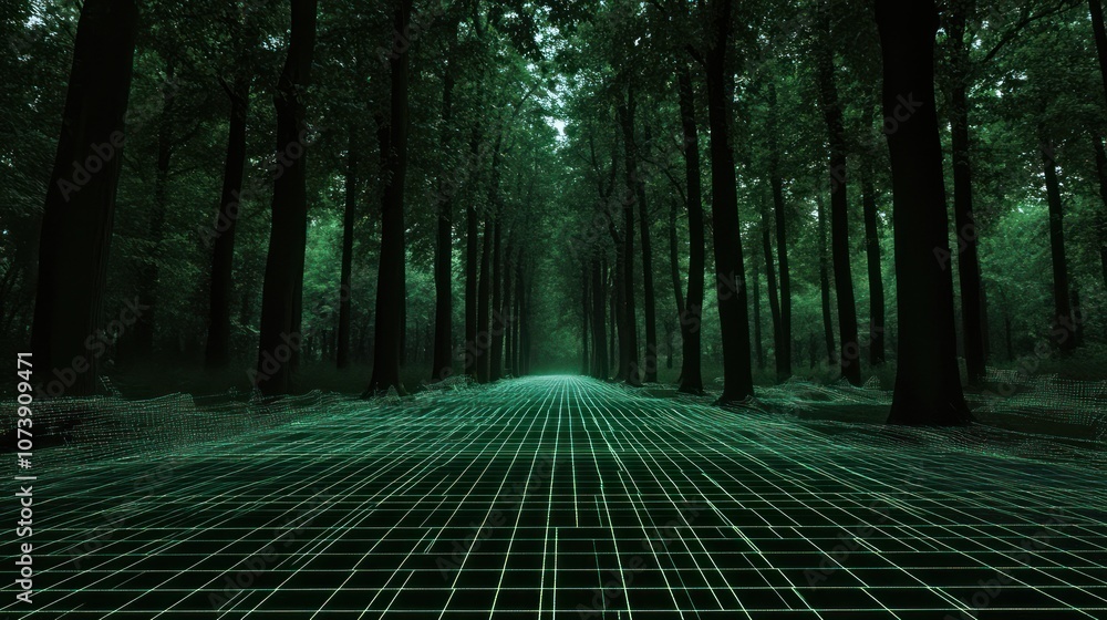 Poster a digital forest path with a green grid overlay, blending nature and technology.