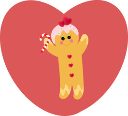 Cute Gingerbread Cartoon holding on Candy Cane. Christmas Gingerbread figure in Heart Shape. 