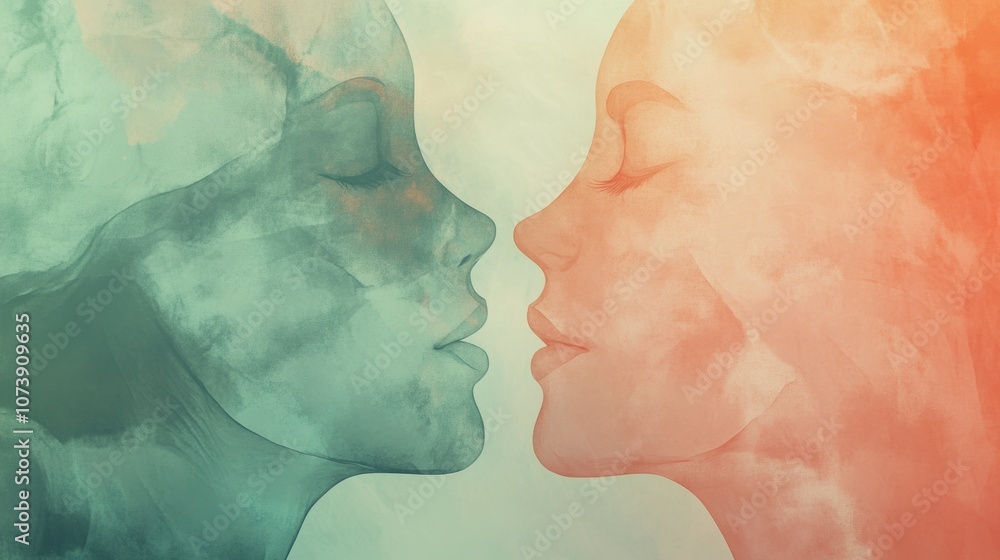Poster The silhouettes of two faces in soft pastel colors convey a deep sense of empathy and connection in a calm atmosphere. Generative AI