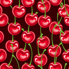 Cherries on a light dark background. Seamless pattern of cherries on a light background. Cherries with twigs. For fabric and textiles, clothing and prints, wallpaper and posters.
