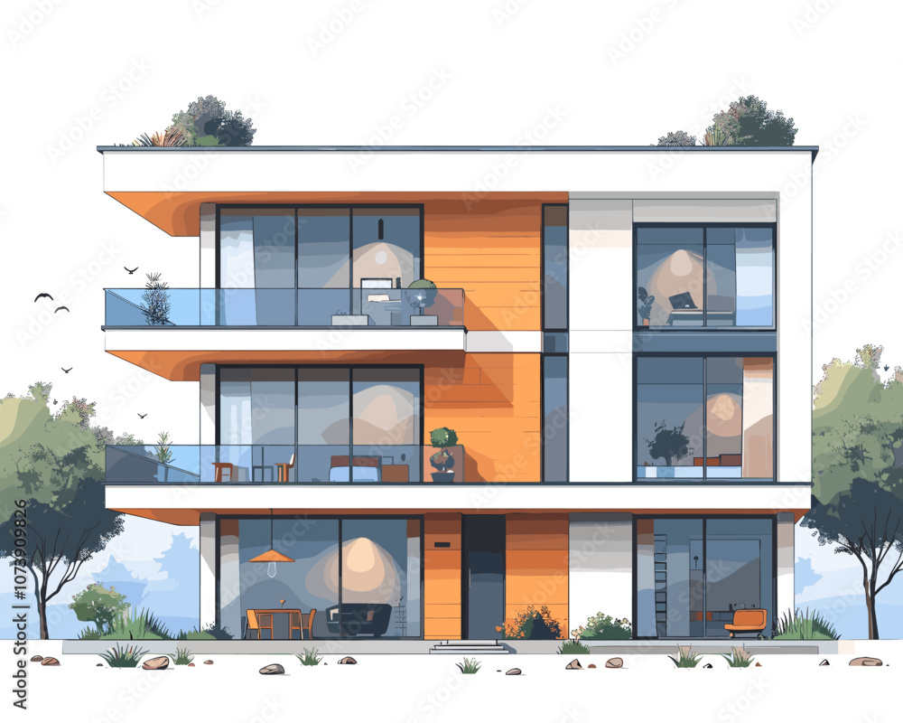 Poster large white building with a balcony and a tree in front. the building has three floors and many wind