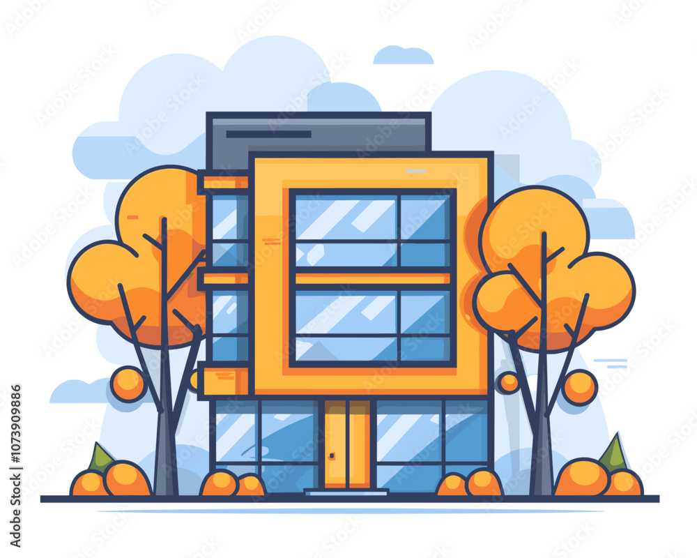 Poster Tall building with a large window and a door. The building is orange and has a lot of glass. The trees in front of the building are orange and there are some leaves on the ground