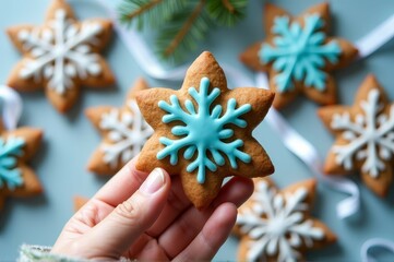 Festive holiday snowflake cookies for christmas celebration with colorful icing