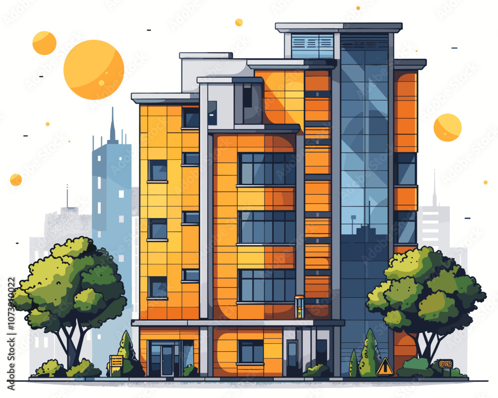 Poster Tall building with a green tree in front of it. The building is orange and has a lot of windows