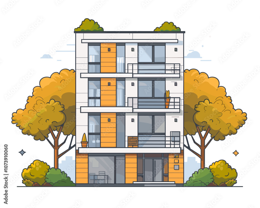 Poster tall building with a lot of windows and a tree in front of it. the building is white and orange