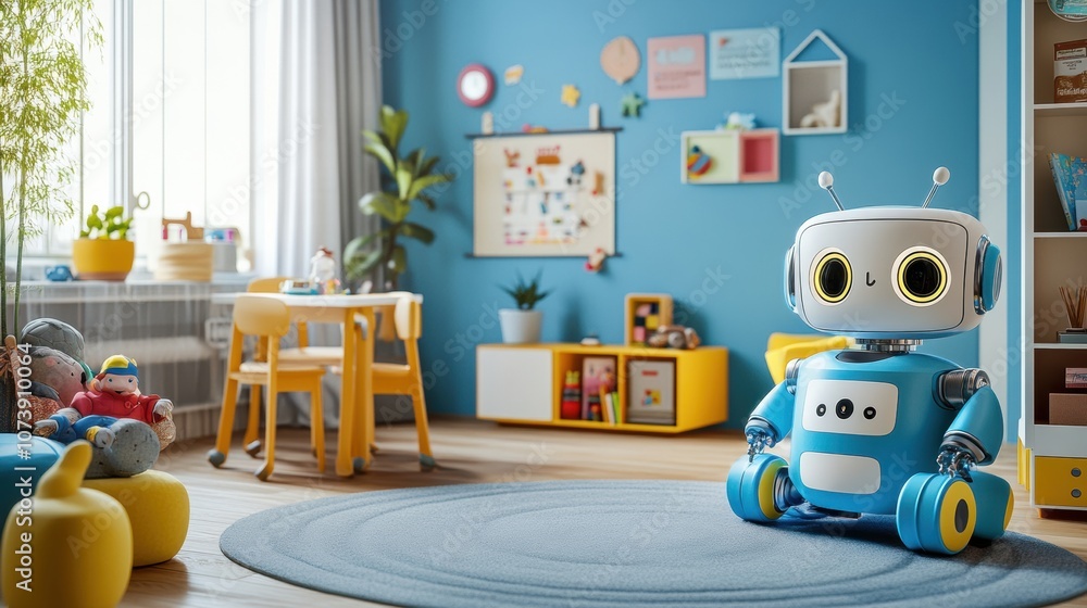Aufkleber a colorful children's room hosts friendly robot assistants that interact joyfully with kids, enhanci