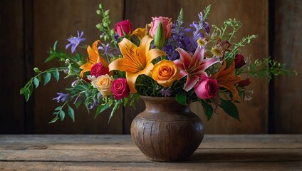 A large, colorful bouquet of roses, lilies, and other flowers in a decorative vase.

