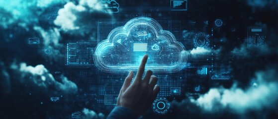 Obraz premium A hand interacts with a digital cloud interface and data symbols.