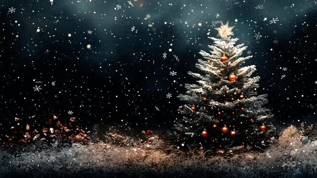 33 seconds of computer generated snowflakes falling on AI generated Christmas tree banner background hd video animation motion graphics screensaver