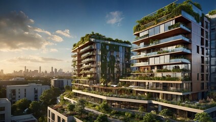 Two modern, high-rise buildings with rooftop gardens, balconies,