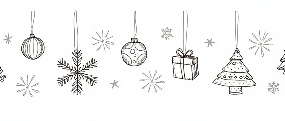 Hand drawn set of Christmas design doodle elements. Snowflakes, Christmas balls, Christmas trees, gift box, winter branches in sketch style. Vector illustration isolated on white background