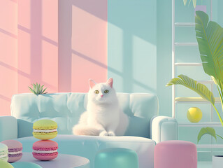 A cat sits on a sofa in a room decorated in muted pastel colors.