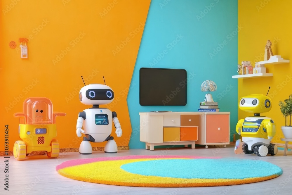 Aufkleber cheerful robot assistants interact playfully with children in a bright, colorful room designed for f