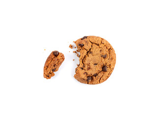 Chocolate chips cookies isolated, broken American biscuits, cocoa cake, sweet morsels bakery