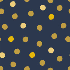 Gold polka dots seamless pattern. Small points on blue background. Festive dotted backdrop. Minimalist Christmas ornament.