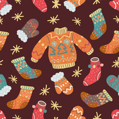 Winter clothes seamless pattern. Jumper, socks, gloves on dark red background. Christmas ugly sweater and warm clothing ornament.