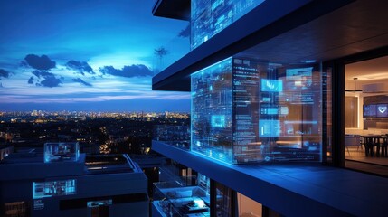 Fototapeta premium Futuristic urban balcony with digital interfaces and city skyline at dusk.