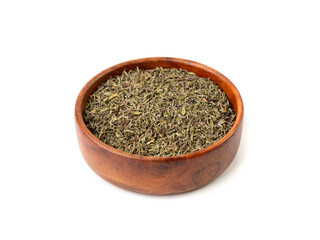Dry thyme isolated, dried marjoram, oregano pile, ground crushed thyme seasoning, thyme leaves