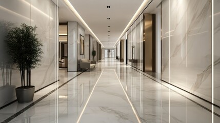 A sleek lobby corridor with polished marble tiles and recessed modern lighting, minimal furnishings creating a clean, open space perfect for a professional environment.