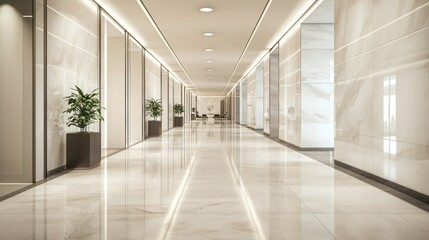 Fototapeta premium A sleek lobby corridor with polished marble tiles and recessed modern lighting, minimal furnishings creating a clean, open space perfect for a professional environment.