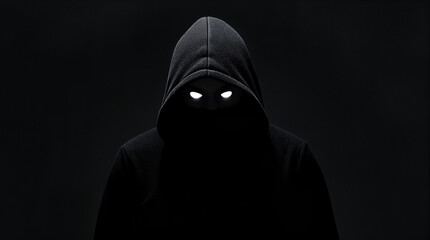 Mysterious Figure in Black Hoodie with Glowing Eyes in Darkness. Horror, Thriller, Suspense, and Halloween Concept.