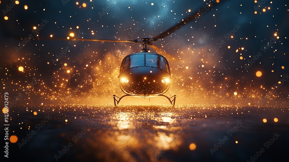 Poster a black helicopter sits on a runway with glowing sparks in the air.