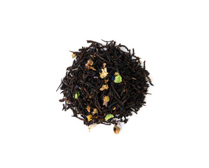 Flavored Black Tea Leaves Isolated, High Quality Black Tea Pile with Fruits and Flowers, Organic Indian Drink