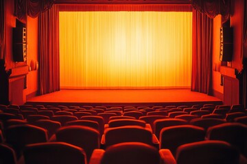 A softly illuminated theater stage in a plush-seated cinema, the warm light creating a cozy, inviting atmosphere.