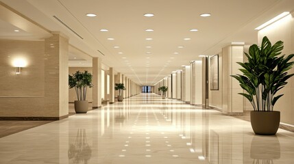 A spacious, brightly lit lobby corridor with clean marble floors, recessed ceiling lights, and minimalistic d?(C)cor, creating an open and modern environment.