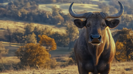 Naklejka premium Wild bison standing in golden autumn field, powerful wildlife conservation scene 